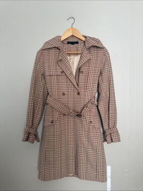 Express Design Studio Plaid Double-Breasted Trench Coat - Pink/Tan small